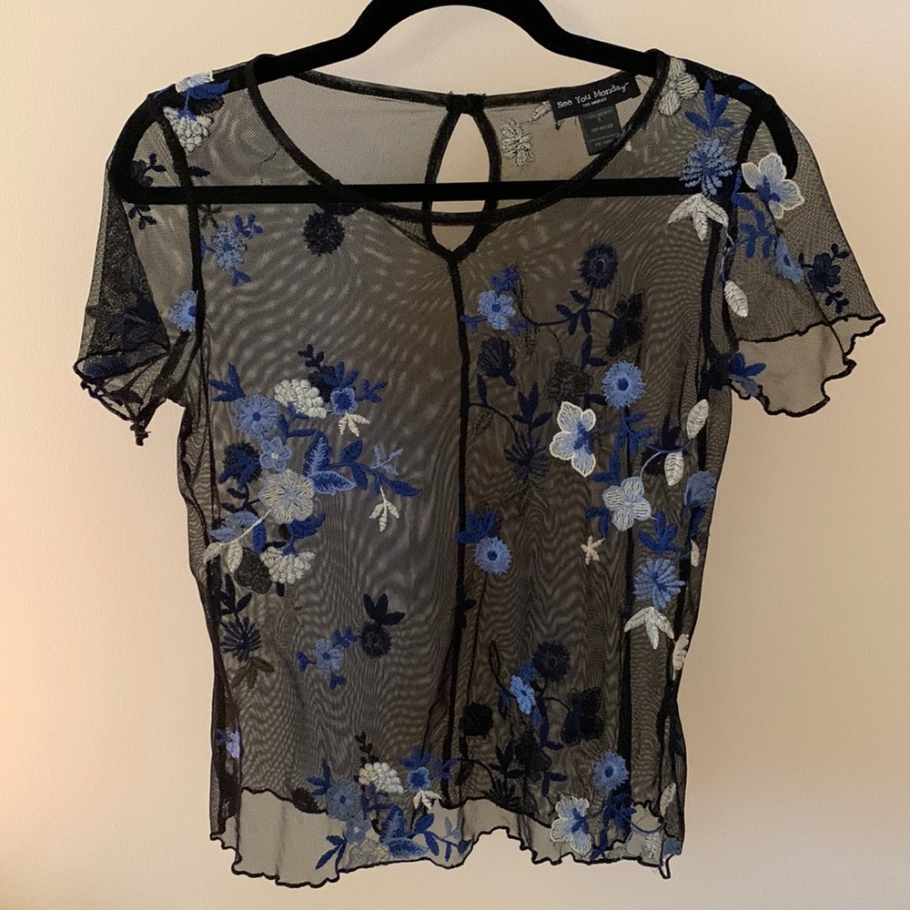 Lace Shirt with blue and white flowers- Small, See You Monday brand